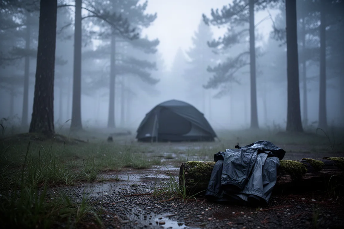 Tenda a cupola nera su erba bagnata nella nebbia con tiranti in tensione e picchetti