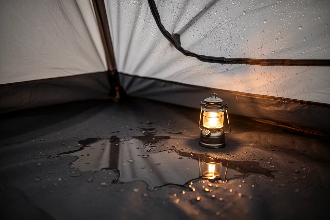 Pozzanghera d'acqua accumulata sul fondo dell'interno di una tenda scura