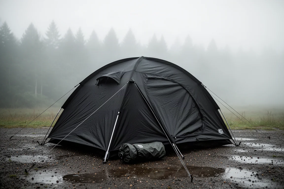 Black dome camping tent pitched on wet gravel beside a fog-covered treeline at dawn