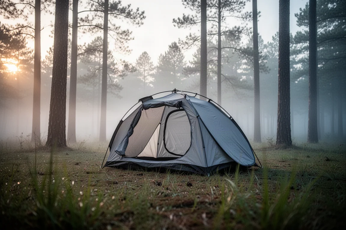 Piccola tenda instant pop-up che si apre da sola in un campeggio nel bosco all'alba