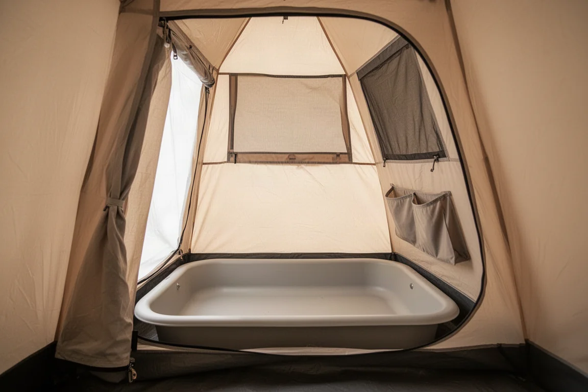 Interno di una tenda stretta da una persona con pareti in tessuto, pannello in mesh e fondo a vasca