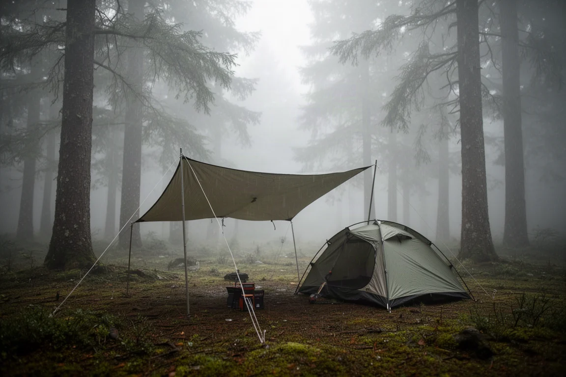 Small campsite with a tarp and compact tent in a foggy conifer forest during light rain
