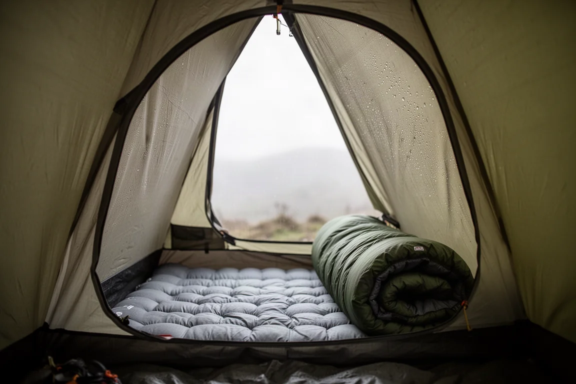 Interior of a small one-person tent with a sleeping pad and condensation on the walls