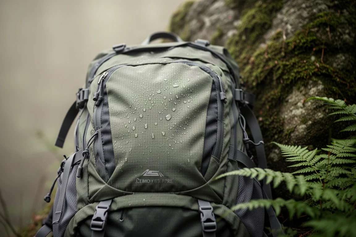 Hiking backpack leaning against a mossy rock in a damp forest with ferns behind it