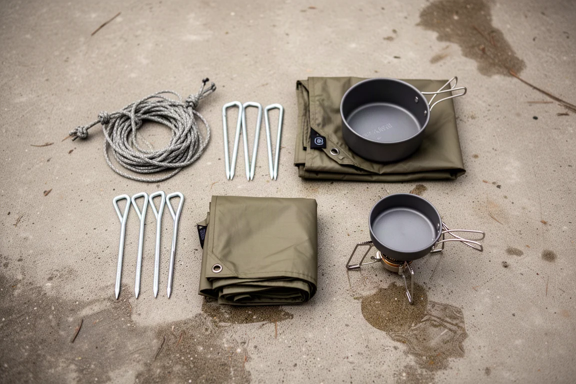Overhead flat-lay of camping gear including stakes, tarp, cook pot and stove on concrete