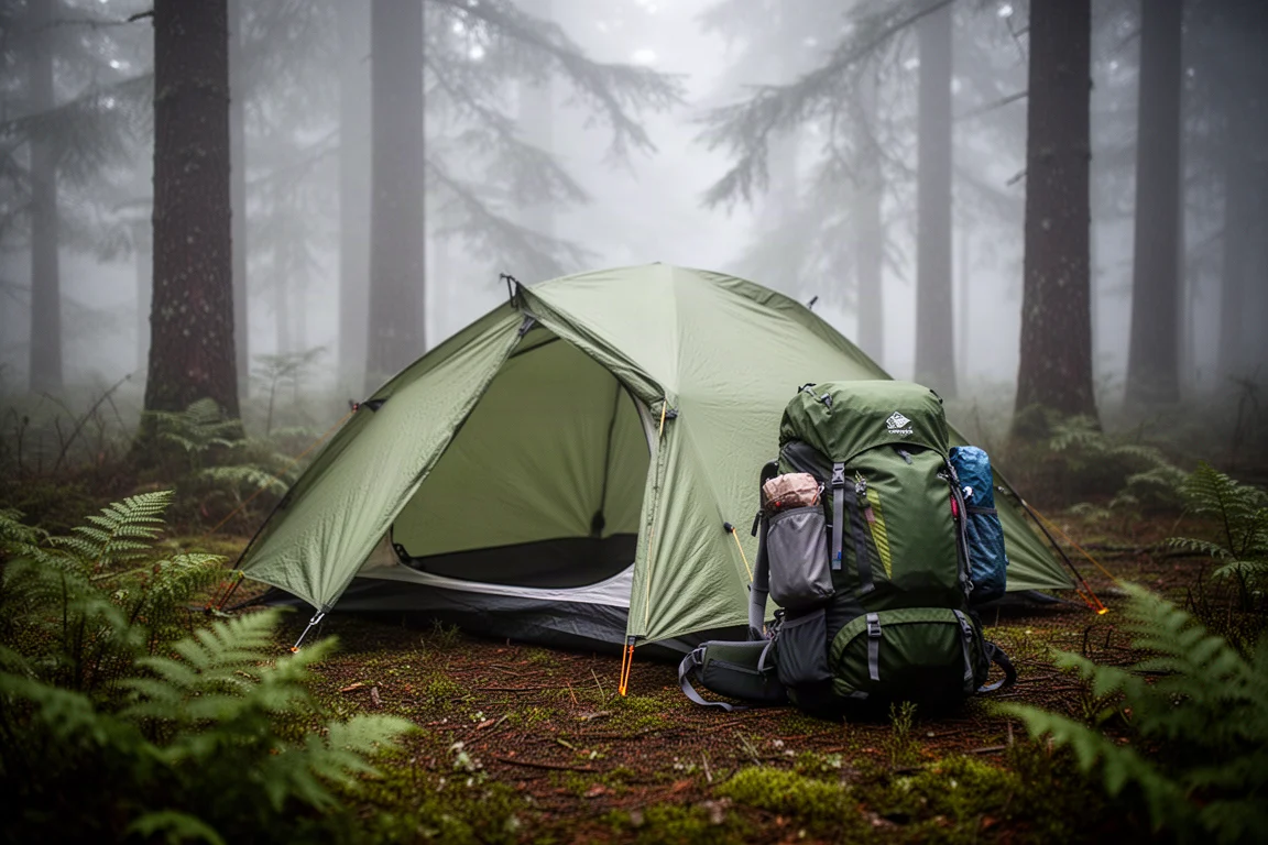 Lightweight one-person tent and a loaded hiking backpack on a damp forest floor in fog