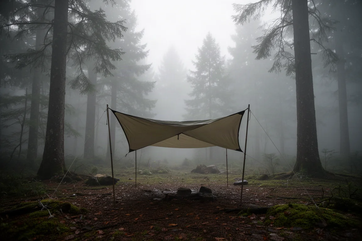 Campeggio nella foresta avvolto dalla nebbia al crepuscolo con un telo montato sopra il terreno umido