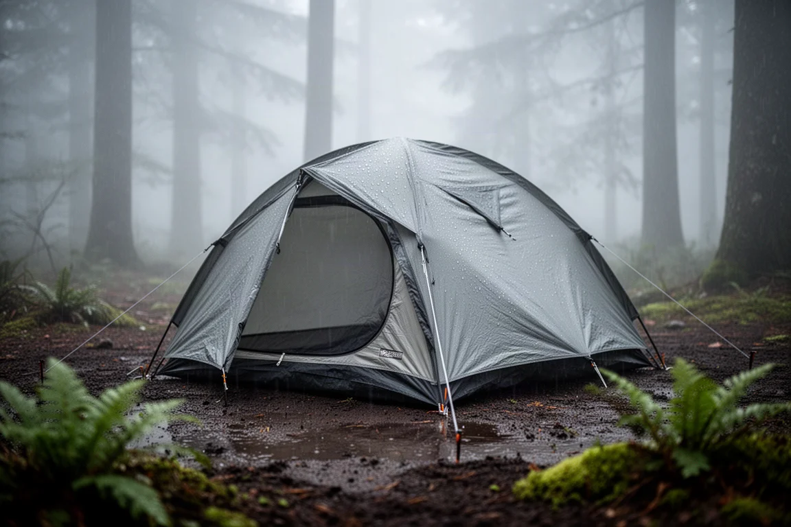 Piccola tenda a cupola monoposto su terreno forestale bagnato con pioggia sul telo esterno