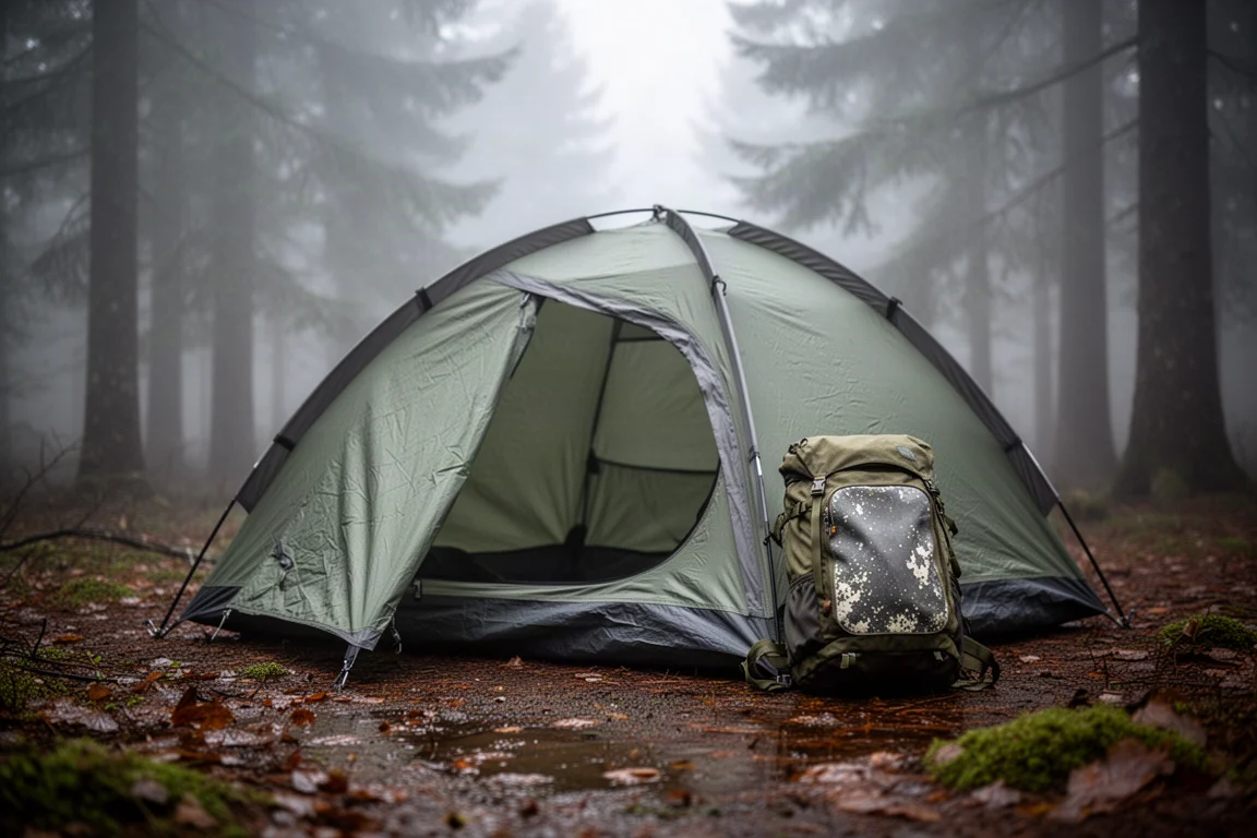Pop-up one-person tent and trekking backpack in a foggy wet forest camp