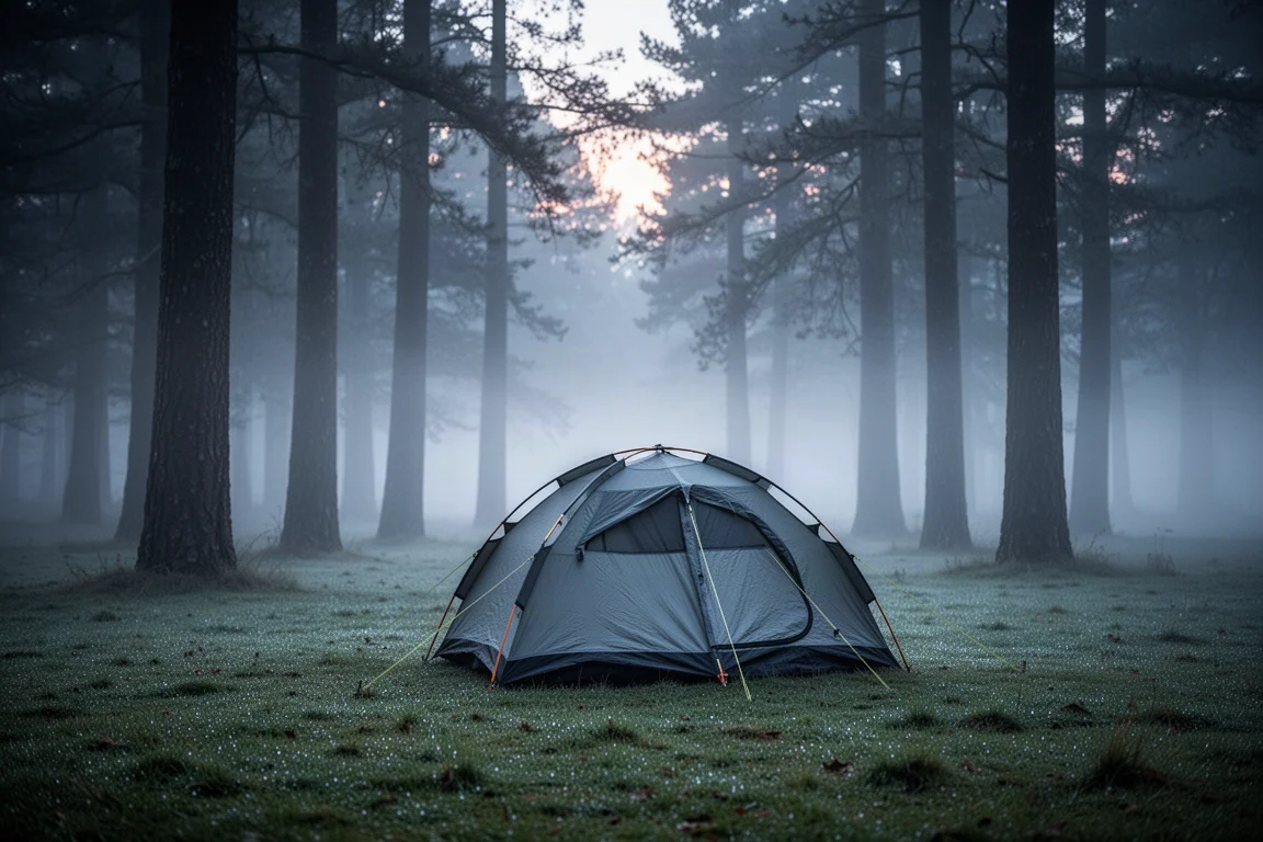 Petite tente de camping montée dans une clairière brumeuse à l'aube