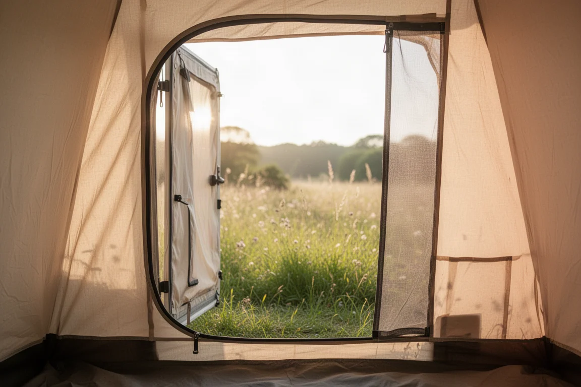 Vue à travers la porte ouverte d'une tente vers une prairie ensoleillée