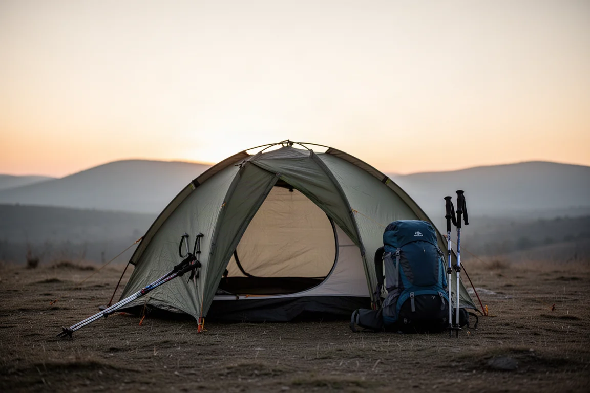 Campement au crépuscule avec une petite tente et un sac à dos au sol