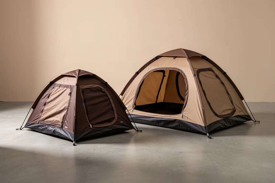 Two small instant pop-up camping tents pitched side by side on a concrete surface