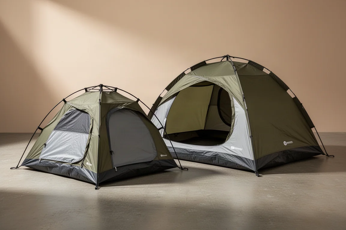 Två små instant pop-up-campingtält uppställda sida vid sida på en neutral yta