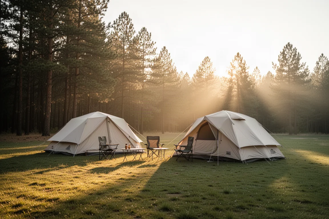Large pale tent pitched in a grassy clearing at golden hour with camp chairs nearby