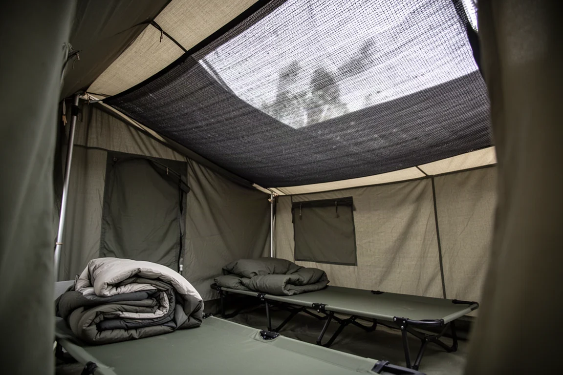 Interior of a large tent with a mesh roof panel and daylight filtering through