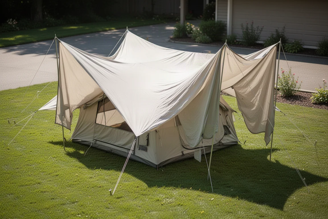 Large camping tent spread open to dry on a sunlit residential lawn