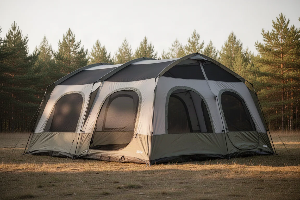 Large eight-person instant tent pitched on a grassy clearing with pine trees behind