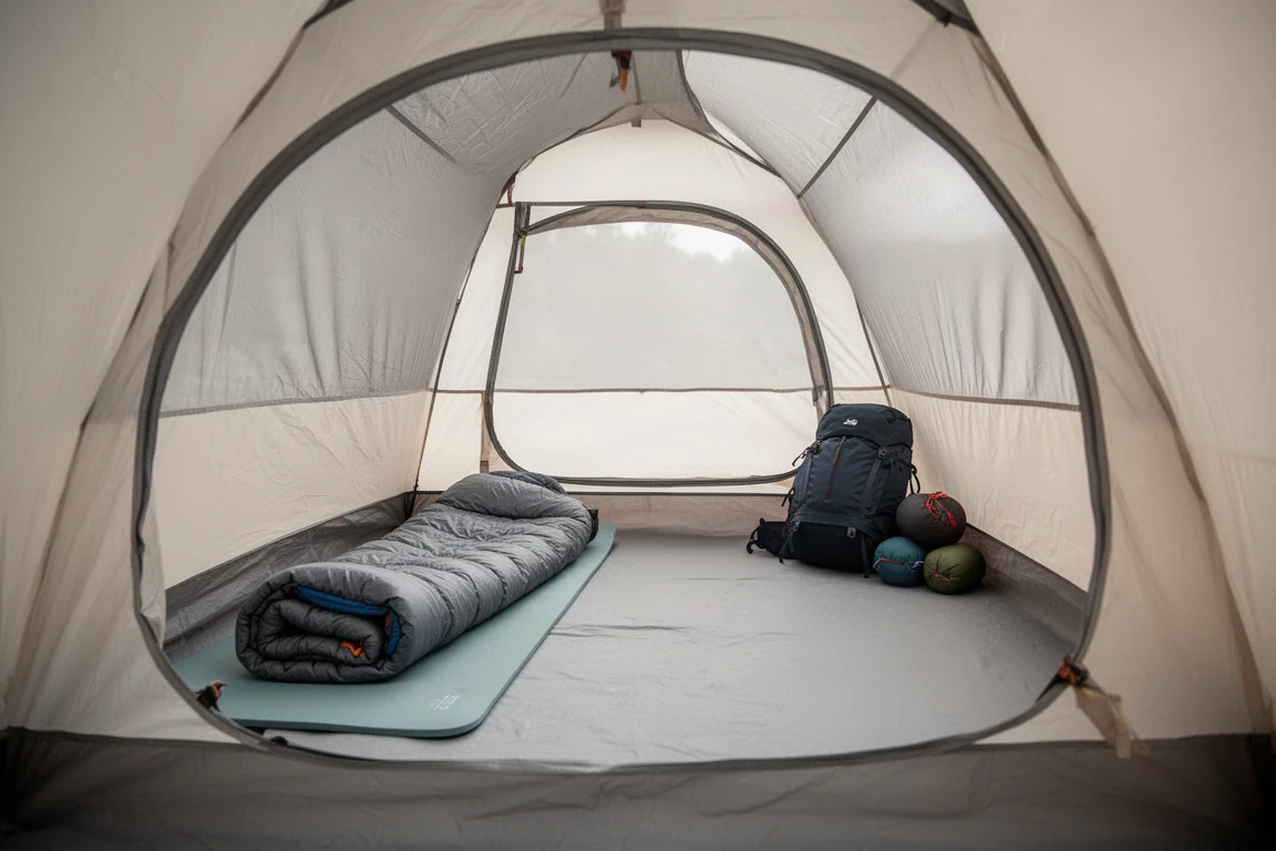 Intérieur d'une tente tunnel avec un matelas de sol, un sac de couchage roulé et un sac à dos au sol