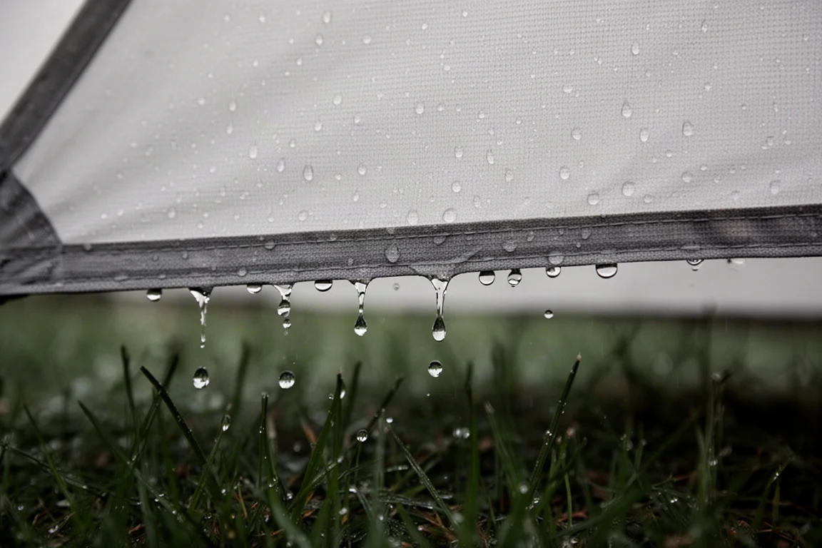 Gouttes de pluie perlant sur le bord d'une double-toiture de tente au-dessus d'herbe mouillée