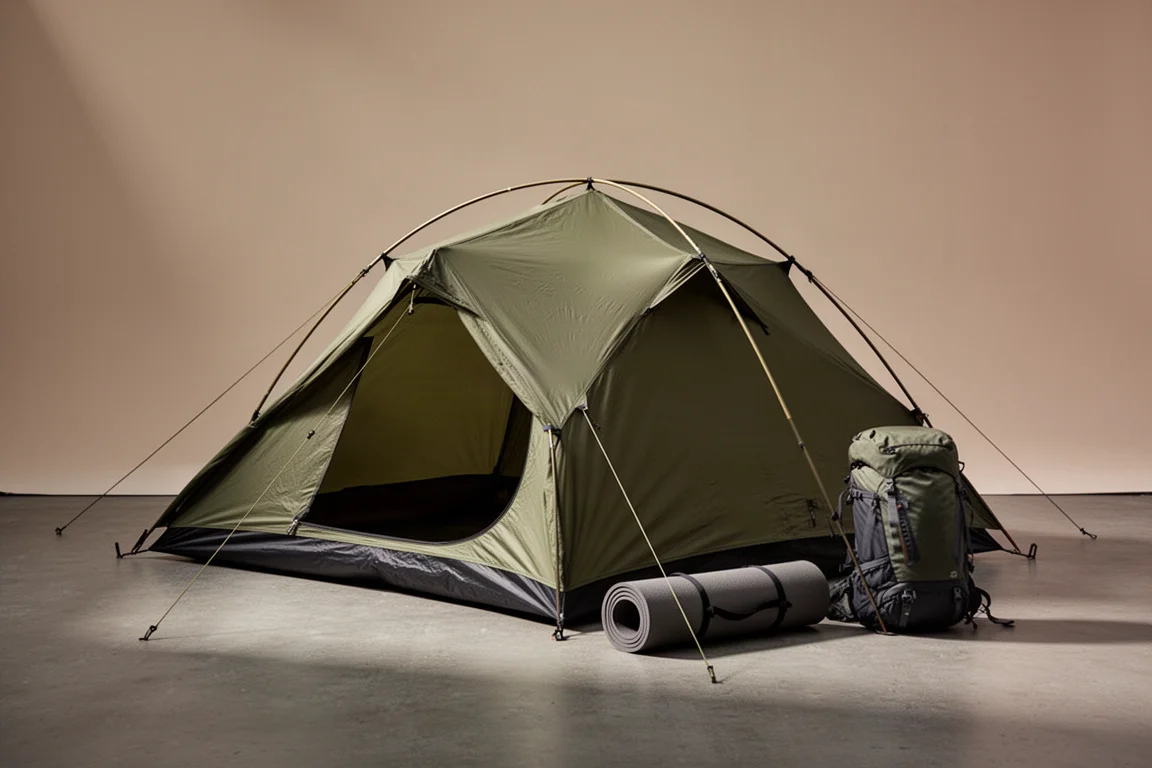 Tenda da backpacking monoposto compatta montata su uno sfondo neutro con un materassino e uno zaino accanto
