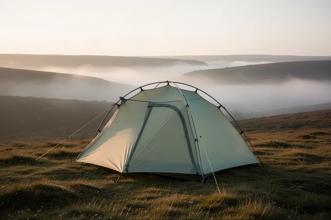 One-person backpacking tent pitched on a grassy moorland ridge at golden hour with mist behind