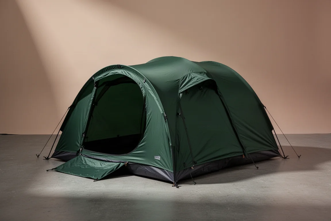 Tenda da backpacking tunnel per due persone verde scuro montata su uno sfondo da studio neutro