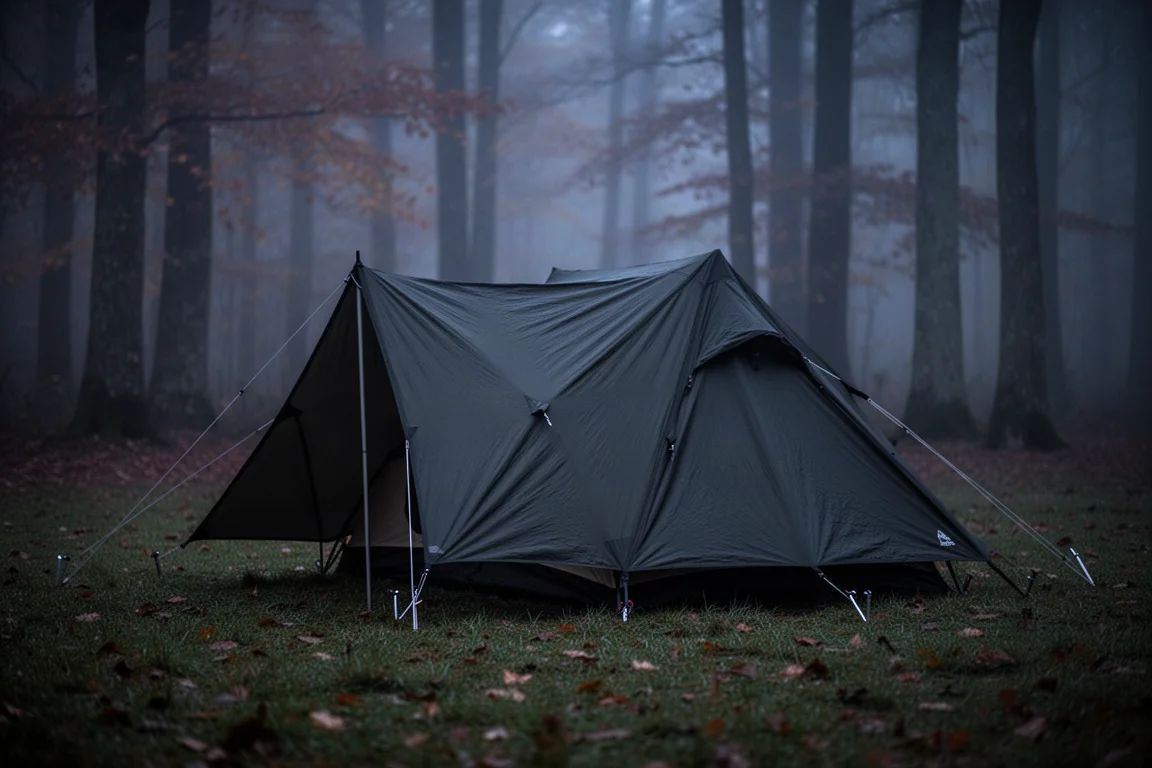 Nebelverhangener herbstlicher Waldcampingplatz bei Sonnenaufgang mit taubedecktem Gras