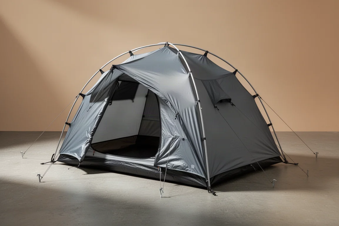 Low-profile grey backpacking tent pitched on a matte concrete surface with guy lines and stakes
