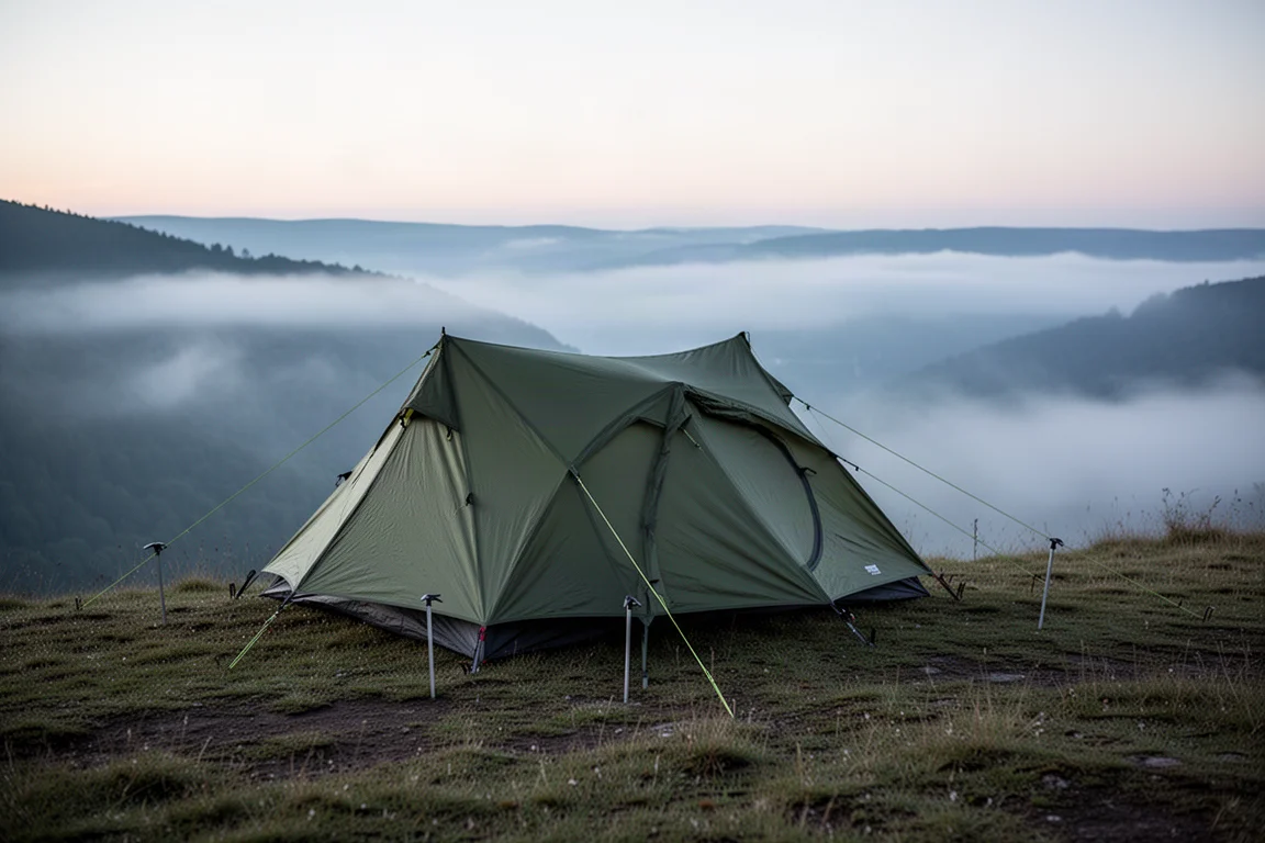 Low-profile backpacking tent pitched on a grassy shelf above a misty valley at dawn