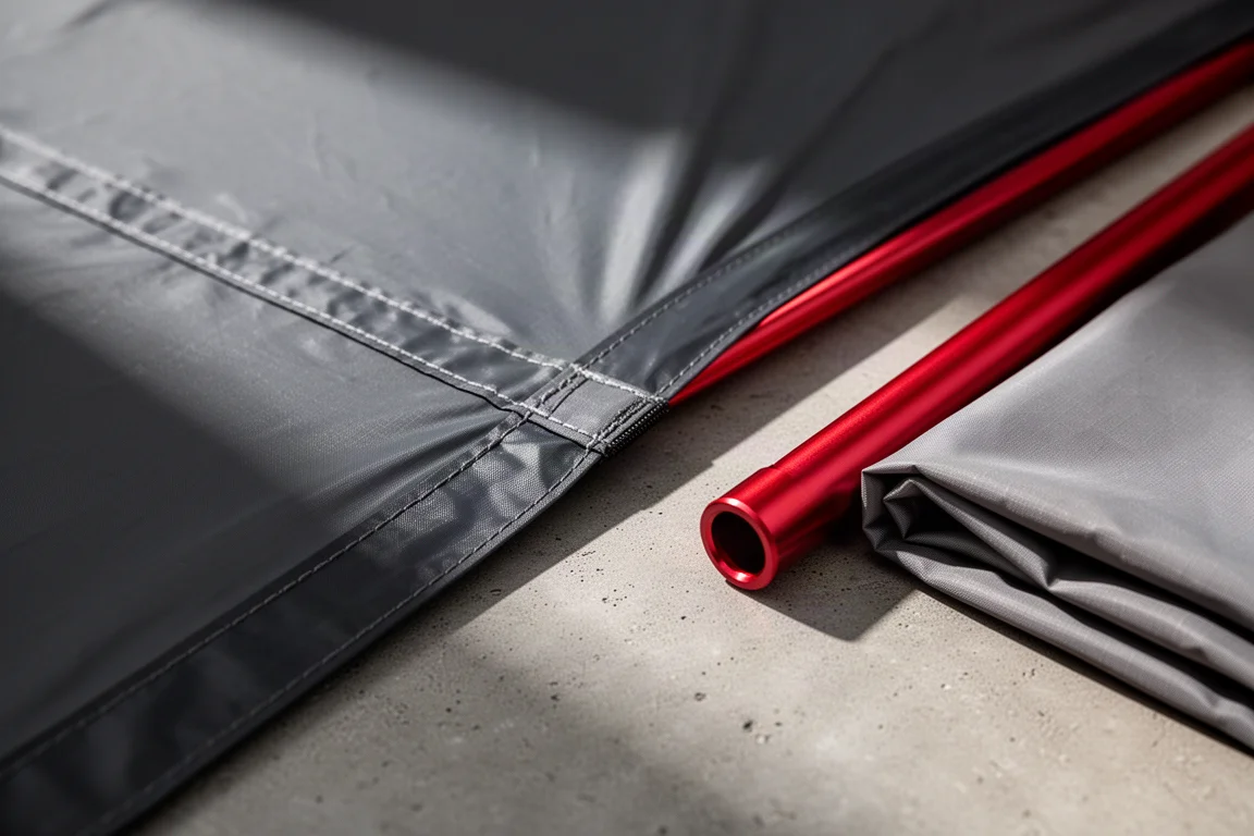 Macro detail of taped tent seams, silicone nylon fabric and a red aluminium pole end