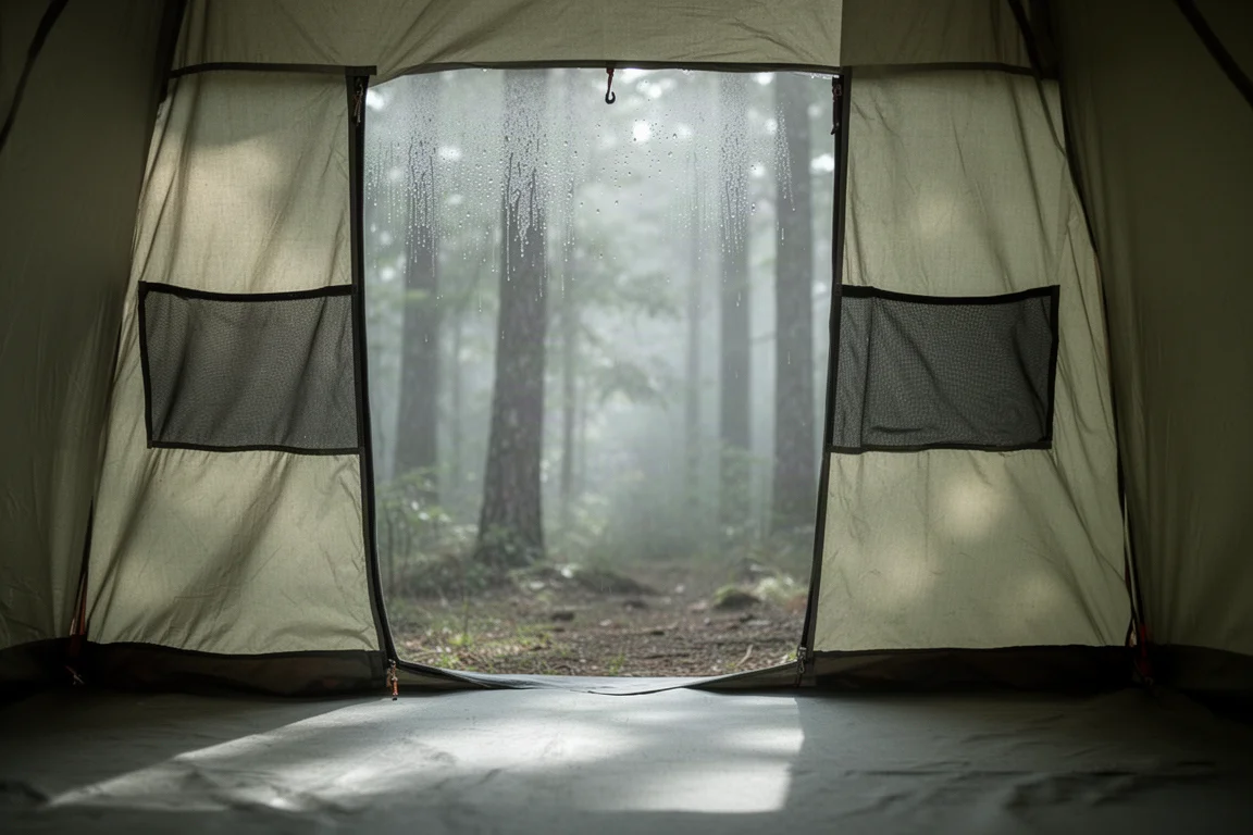 Interior of a tent doorway on a humid morning with condensation on the fly
