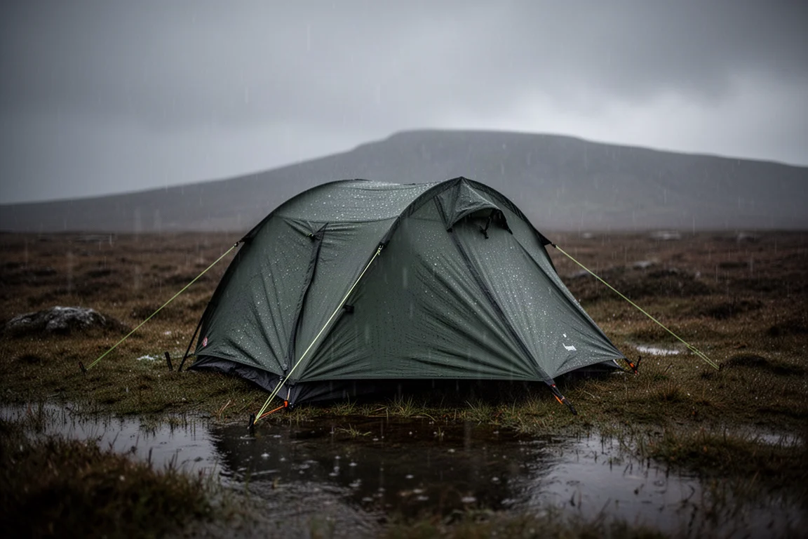 Compact backpacking tent pitched in wind-driven rain on an open high moor