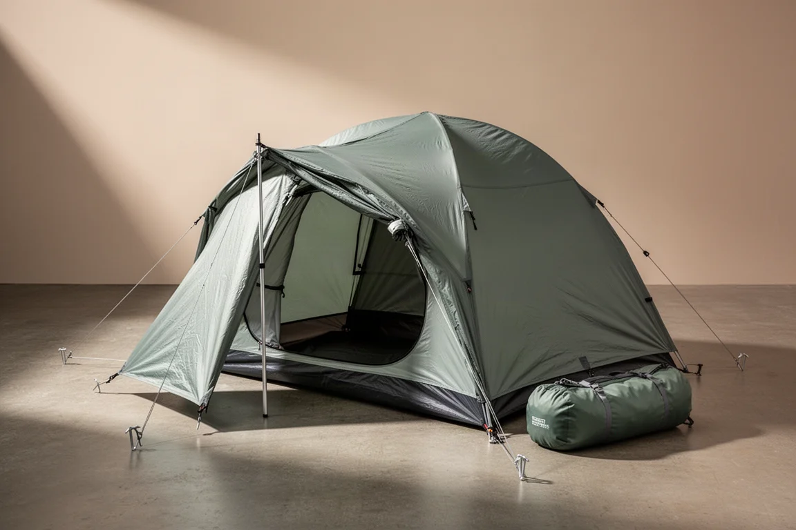 Lightweight backpacking tent with fly attached beside its carry bag on concrete