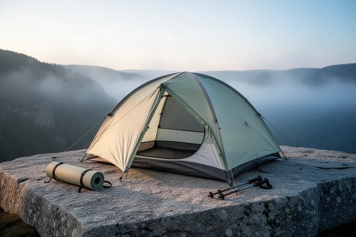 Lightweight two-person backpacking tent pitched on a granite ledge beside pine forest