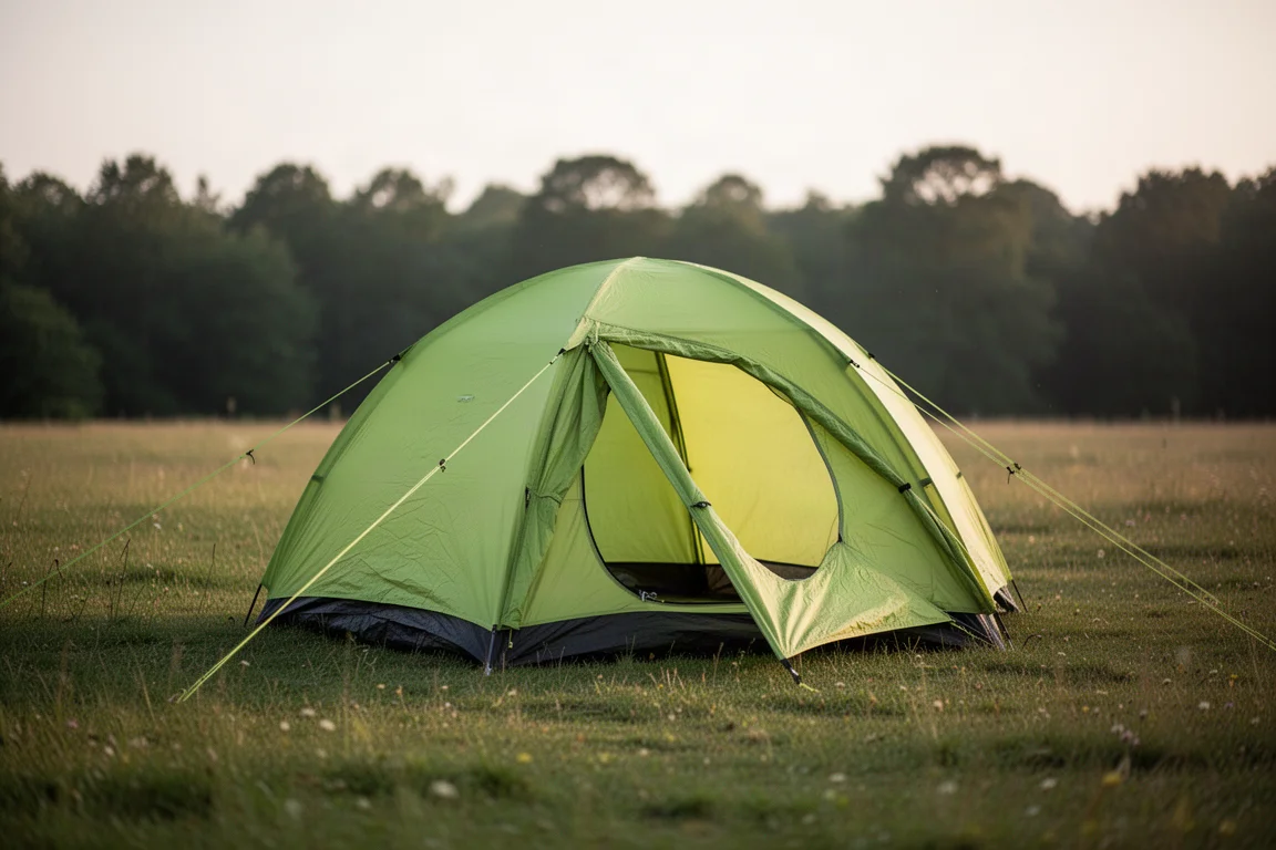 Limettengrünes Dreipersonenzelt auf einem grasbewachsenen Campingplatz zur goldenen Stunde
