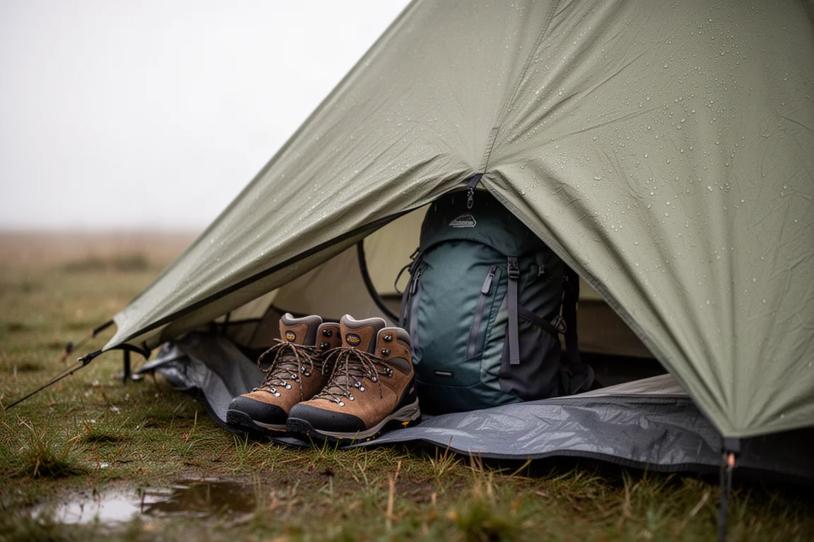Wanderstiefel und ein Rucksack in einem Zeltvorzelt auf feuchtem Gras