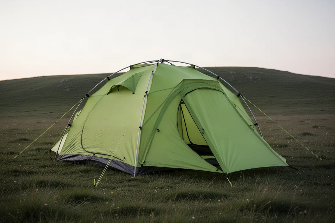 Lime green three-person backpacking tent pitched on a grassy meadow at dusk