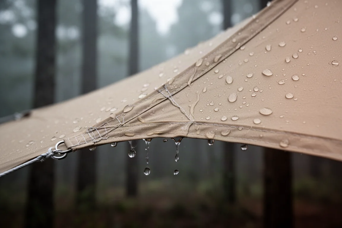 Água da chuva escorrendo de um toldo esticado e drenando para um canto de um acampamento molhado