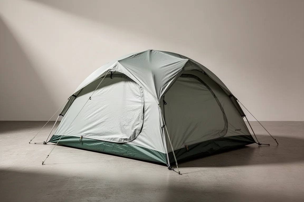 Lightweight two-person backpacking tent pitched on a matte concrete surface in soft studio light