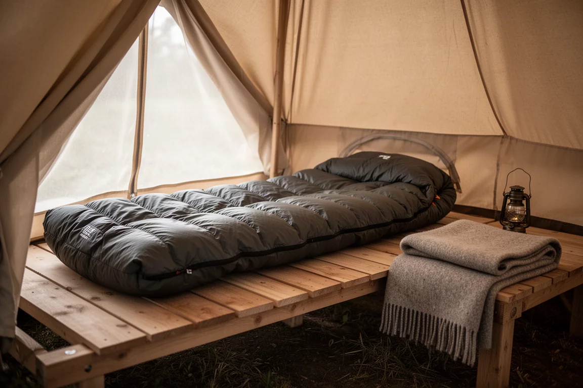 Opgeschudde rechthoekige donzen slaapzak uitgerold op een houten platform in een tent