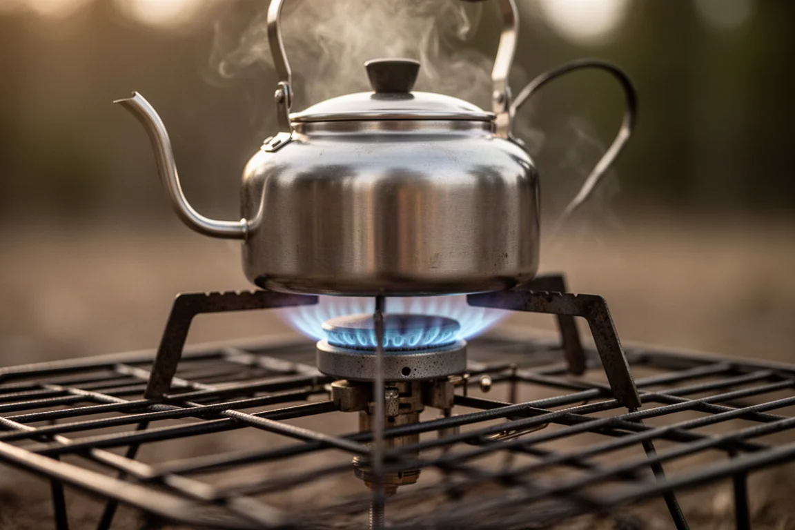 Close-up van een kleine pan die stoomt op een brander van een kampkooktoestel met blauwe vlam