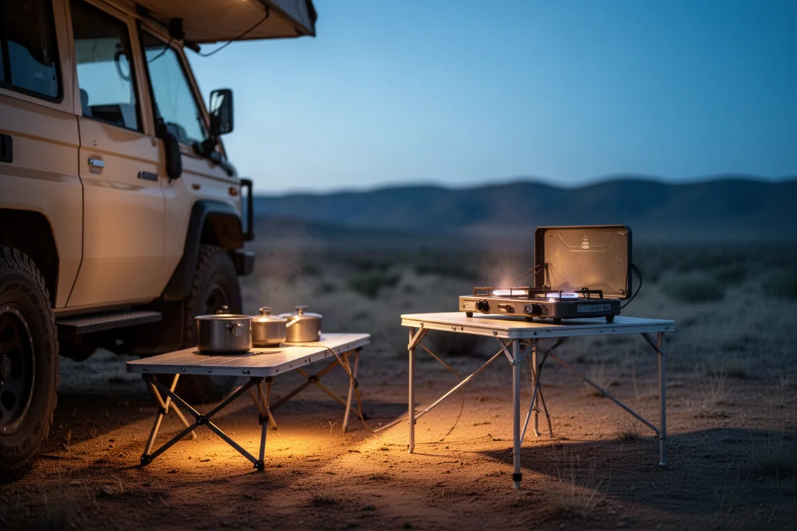 Overlanding kampkeuken bij de achterklep van een auto in de schemering verlicht door een warme lantaarn