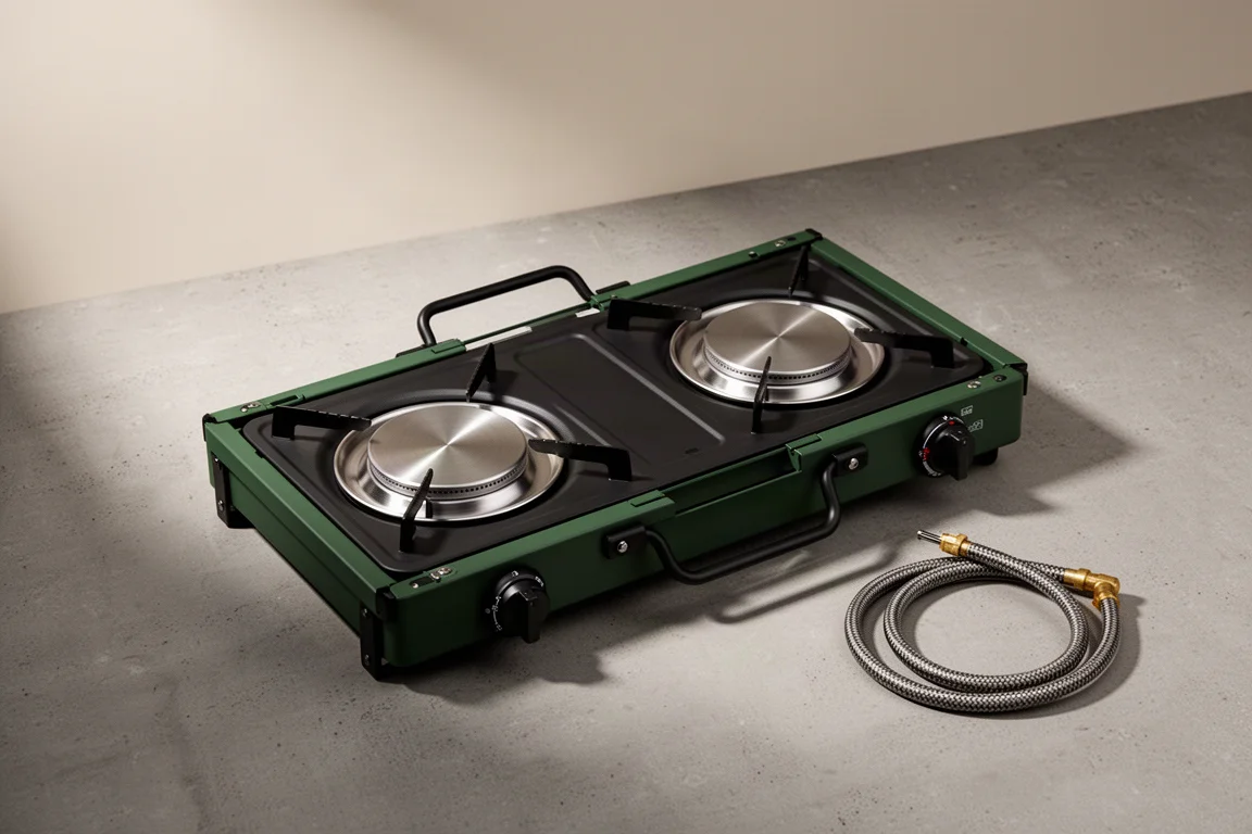 Folding dual-burner camping stove opened on a matte concrete surface with fuel hose