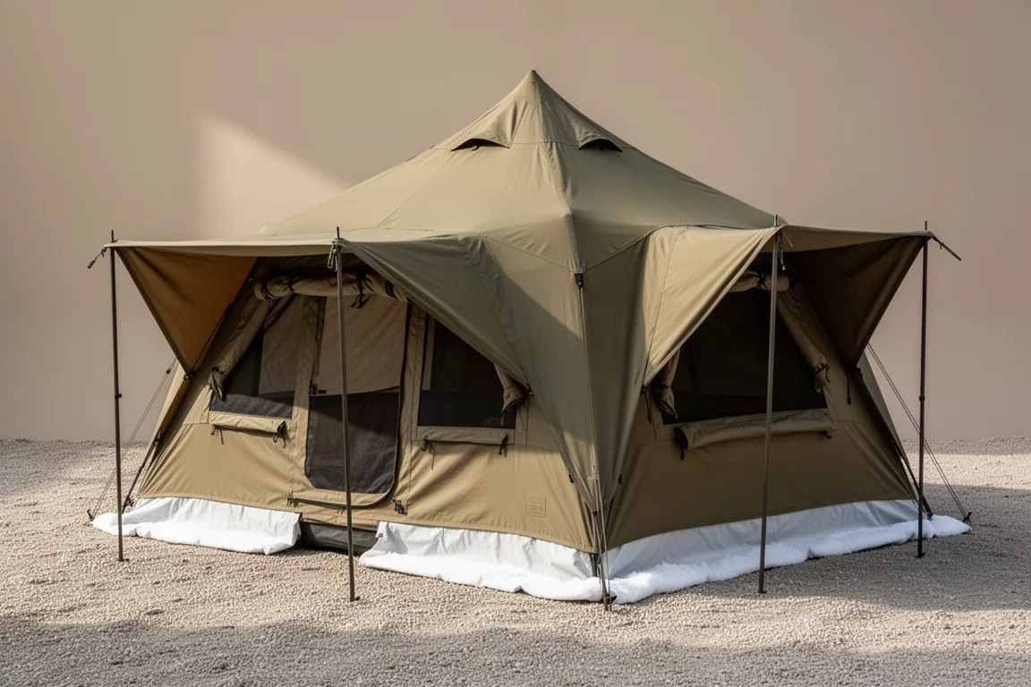 Large four-season hot tent with snow skirt and open awnings pitched on gravel