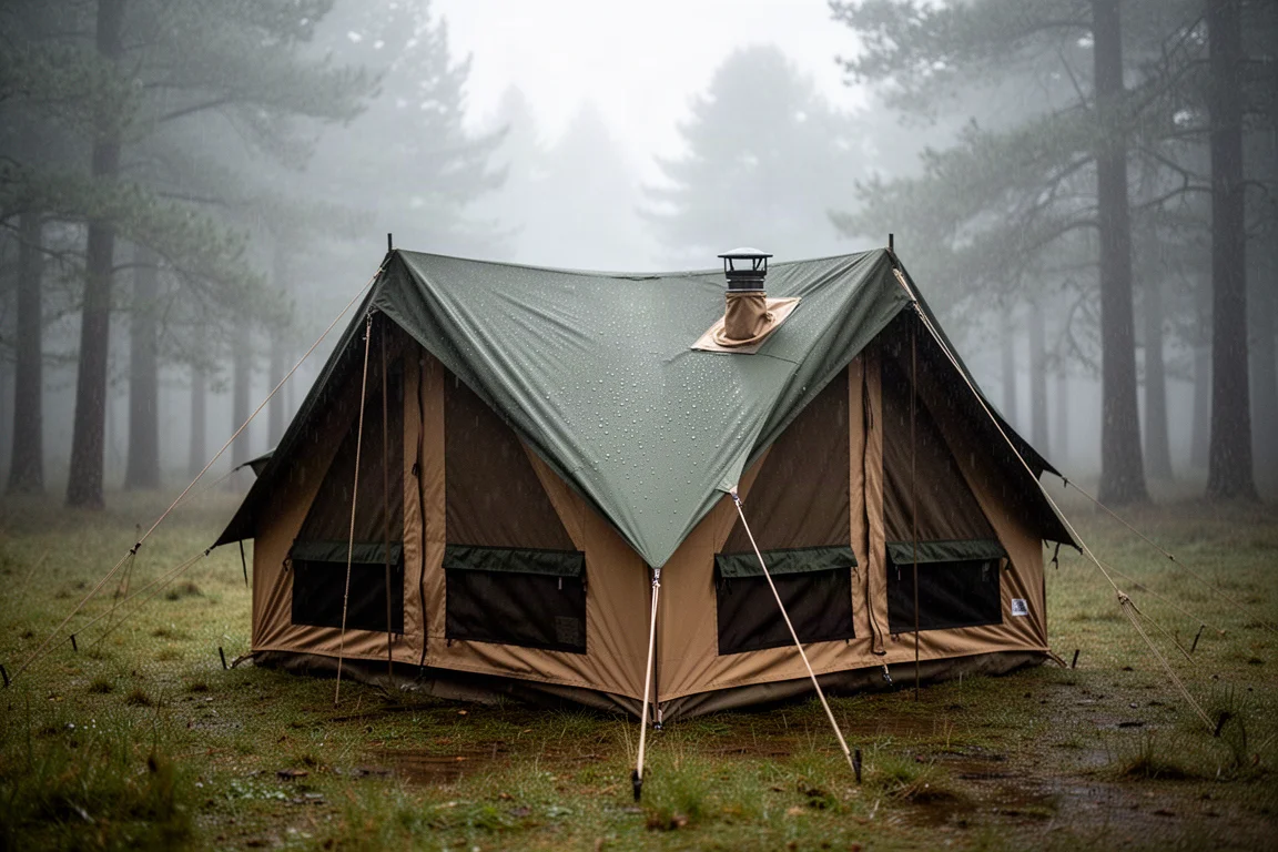 Large green and tan hot tent pitched in a misty forest clearing with taut guy lines