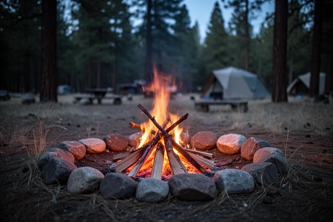 Small campfire burning in a stone ring at dusk with kindling catching flame