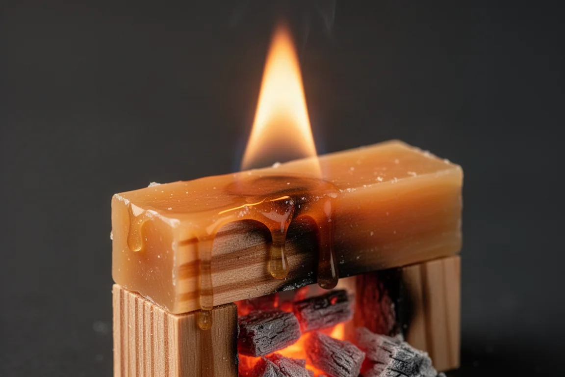 Close-up of a flame rising from a wax and pinewood fire starter block