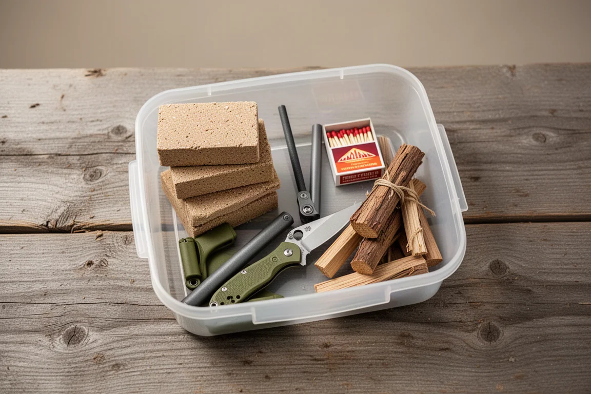 Overhead flat lay of a car camping fire kit on a weathered wooden table