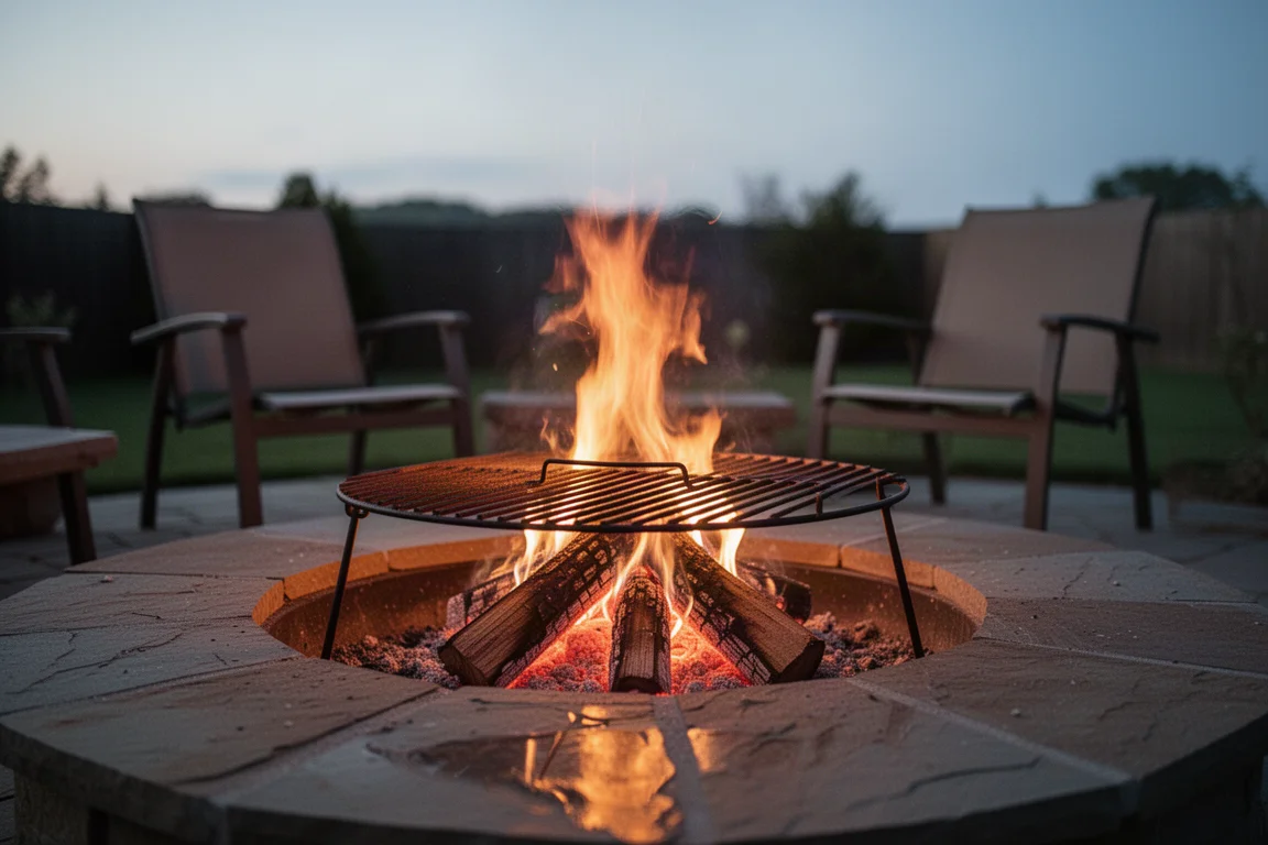 Backyard fire pit burning under a metal grill grate in the early evening